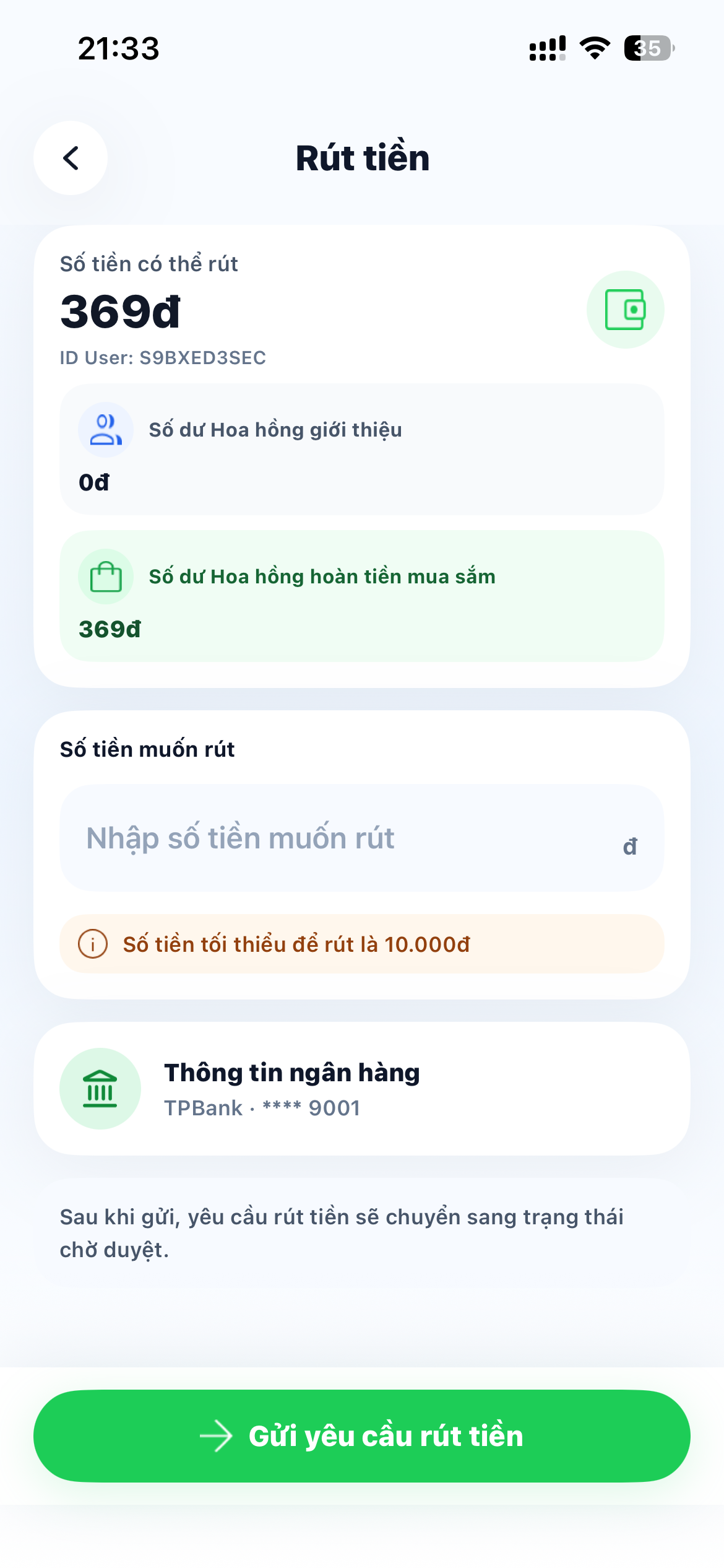 Màn hình Rút tiền trong Mungee